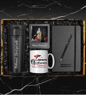 Öğretmenler Gününe Özel Tasarım Kupa & Termo Deri Defter & 400 ML Otomatik Basmalı Çelik Termos & Siyah Kalem & Fotoğraf Çerçevesi