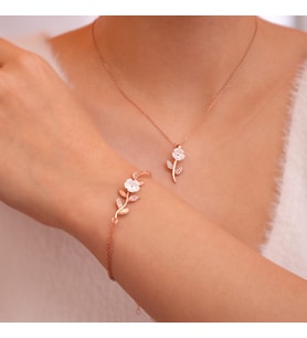 925 Ayar Rose Kaplama Manolya Çiçekli Yaprak Model Gümüş Set