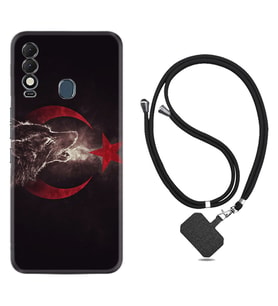 Tecno Spark 8T Kılıf Resimli Boyun Askılı İpli Desenli Silikon Kurt ve Ay Yıldız 1403