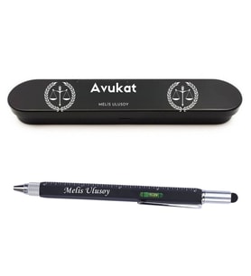 Avukat İçin Kişiye Özel Hediye Seti - Su Terazili, Cetvelli Teknik Kalem ve Şık Metal Kutulu