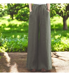 Yazlık Beli Lastikli Tarz Keten Pantolon (Haki)