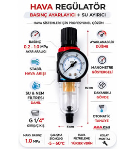 Hava Kompresör Seti, Filtre, Regülatör, Su Ayırıcı, Basınç Ayarlayıcı, Saatli