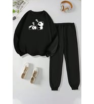 Unisex Uykucu Panda Baskılı Bisiklet Yaka Eşofman Takımı (Siyah)