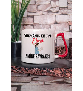 Dünyanın En İyi Ebesi Baskılı Kişiye Özel Ebe Hemşire Hediyelik Kırmızı Kulplu Kupa Bardak