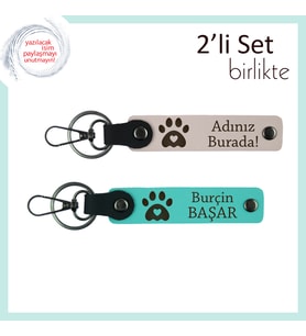 Yeni Doğmuş Yavru Kedinizin İsmiyle Kişiselleştirilebilen Kalpli Pati Anahtarlık Set, Pudra-Turkuaz