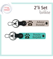Yeni Doğmuş Yavru Kedinizin İsmiyle Kişiselleştirilebilen Kalpli Pati Anahtarlık Set, Pudra-Turkuaz