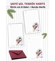 Yılbaşı  Kardan Adam Figürlü Bordo Zarflı Tebrik Kartı  Seti, Mutlu Yıllar 8 Adet