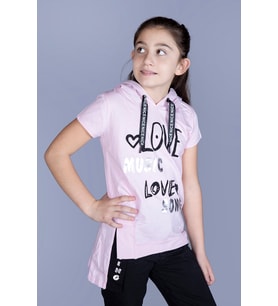 Toontoy Kız Çocuk Kapüşonlu Baskılı Tişört (Açık Pembe)