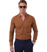 DeepSEA Açık Kahve Slim Fit Kolay Ütülenebilir Açık Dik Yaka Likralı Erkek Gömlek 2602615