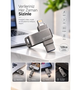 Kompakt Tasarımlı 128GB Çok Amaçlı USB Flash Bellek Lightning Type C Girişli Taşınabilir Depolama