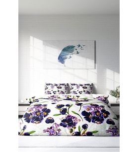 Çift Kişilik ( Lastikli Çarşaflı ) %100 Pamuk Saten Nevresim Takımı Purple Flowers