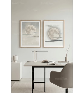 Minimalist Ay ve Bulut Manzarası 2’li Ahşap Çerçeveli Tablo Seti