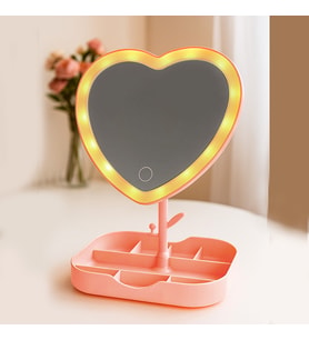 storebaskı Led Işıklı Pembe Kalpli Organizer Makyaj Aynası
