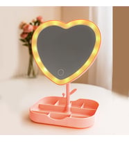 storebaskı Led Işıklı Pembe Kalpli Organizer Makyaj Aynası