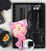 Üçlü Ayıcık Buketi & Bardak Termos & Kişiye Özel Defter & Deri Kılıflı Touch Pen Kalem & Siyah Ayna