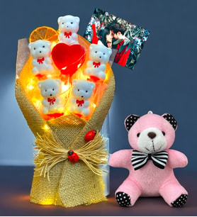 Sizlere Özel Fotoğraflı Led Işıklı Buket ve Peluş Ayıcık Anahtarlık Hediye Seti - Sevgiliye Arkadaşa Hediye (Model 1)