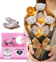 LED Işıklı Büyük Boy Gri Peluş Ayıcık Buketi ve Gerçek İstiridye İçinde İnci Kolye Hediye Seti