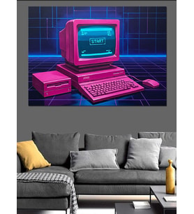 Pembe Retro Bilgisayar Neon Işık Dekoratif Kanvas - Mdf Ahşap Tablo