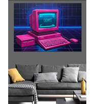 Pembe Retro Bilgisayar Neon Işık Dekoratif Kanvas - Mdf Ahşap Tablo