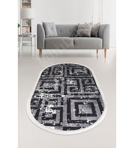 Dijidekor Halı Siyah Cool K1320 Saçaklı Oval Kaymaz Kesme İnce Yolluk Kilim Salon Halısı Modelleri (Açık Gri - Siyah)