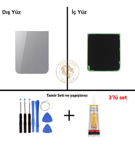 Samsung Galaxy Z Flip 5 Gri Renk Arka Kapak + Tamir Seti + B7000 Yapıştırıcı Arka Cam Batarya Kapağı Pil Kapağı Lazer Kesim Back Cover Galaxy Z Flip 5 Uyumlu