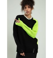 Sifu Tekstil  Kadın Yırtıklı Spor Italyan Kesim Oversize 4 Mevsimlik Triko Kazak. SFYZ2021 (Siyah-Neon Yesıl)