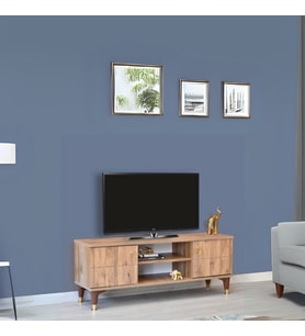 Lenatv Sehpası Atlantik Çam 2 Kapaklı Gold Halkalı Kulplu Yerden Yüksek 130x36x50 Cm