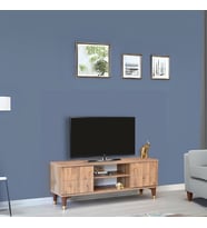 Lenatv Sehpası Atlantik Çam 2 Kapaklı Gold Halkalı Kulplu Yerden Yüksek 130x36x50 Cm