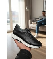 Enoch Hakiki Deri Siyah Yüksek Taban Lazer Delik Detaylı Erkek Sneaker Ortopedik Taban