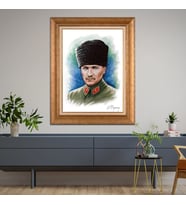 Altın Varaklı Çerçeveli Paspartulu Atatürk Tablo z4595 (Gold)