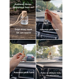 Kalıcı Asmalı Araç Kokusu Doğal Ahşap Kapaklı Şık Cam Şişe Oto Parfümü Uzun Süre Etkili Araba Kokusu