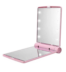 TechTic Katlanır Mini Işıklı Makyaj Aynası Cep Çanta Aynası 8 LED Pilli(23A 12V Pil Dahildir) (Pembe)