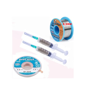 Dörtlü Set Flux,lehim Emme Tel 2,5mm Ve Lehim Teli Soldering 63sn/37pb Flux %1-3 40gr 0,5mm