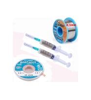 Dörtlü Set Flux,lehim Emme Tel 2,5mm Ve Lehim Teli Soldering 63sn/37pb Flux %1-3 40gr 0,5mm