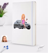 BK Gift Kişiye Özel Plakalı Kadın Mazda RX-8 Karikatürlü Beyaz Termo Deri Defter 16x24cm Model 1