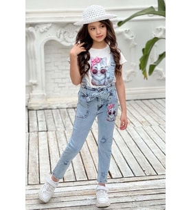 Kız Çocuk Üzeri Digital Baskılı T-shirt Yırtmaç ve Kedi Detaylı Mavi Jean Salope