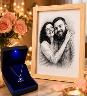 Kişiye Özel Karakalem Fotoğraflı Ahşap Çerçeve ve Işıklı Kutuda 925 Ayar Gümüş Gerçek Ametist Taşlı Lotus Kadın Kolye