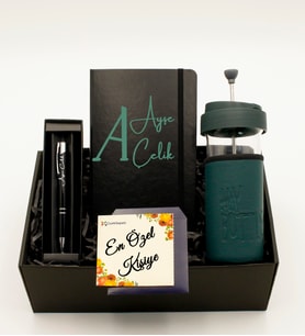 Kişiye Özel Siyah Defter & Yeşil Kılıflı  French Press & Kişiye Özel Siyah Roller Kalem Hediye Seti