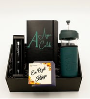Kişiye Özel Siyah Defter & Yeşil Kılıflı  French Press & Kişiye Özel Siyah Roller Kalem Hediye Seti