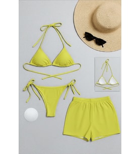 Kadın 3'lü Set Fosforlu Şortlu ve Yandan Bağlamalı Bikini Mayo Takımı — Beden: S/M