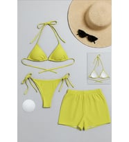 Kadın 3'lü Set Fosforlu Şortlu ve Yandan Bağlamalı Bikini Mayo Takımı — Beden: S/M