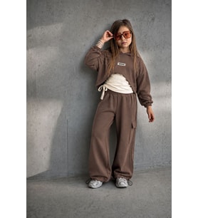 Büzgü Detaylı Crop Sweatshirtlü Kargo Pantolon Kız Çocuk 3’lü Takım - Kahverengi