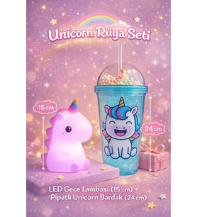 2 Li Set Işıklı Renkli Unicorn Figürlü Gece Lambası & Pipetli Boncuk Detaylı Suluk Bardak Mavi 450ML