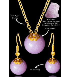 Sertifikalı Küre Model Kunzit Taşı Kolye ve Küpe Seti - Gümüş Aparatlı (Çok Renkli)