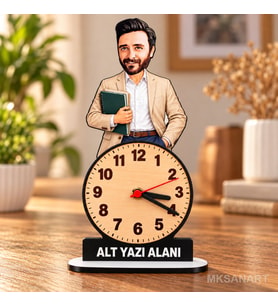 Fotoğraftan Kişiye Özel Erkek Öğretmen Karikatürlü 18 cm MDF Dikey Masa Saati - Öğretmen Hediyesi Öğretmenler Günü Hediyesi
