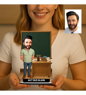 Kişiye Özel Öğretmen Karikatürlü 18 cm MDF Masaüstü Biblo - Öğretmen Hediyesi Öğretmene Özel Hediye