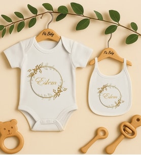 Pia Baby Premium %100 Pamuk İsme Özel Organik Baskılı Çıtçıtlı Bebek Body Ve Önlük 5049-20 (Ekru)