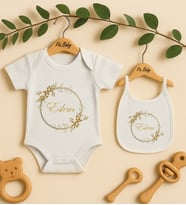 Pia Baby Premium %100 Pamuk İsme Özel Organik Baskılı Çıtçıtlı Bebek Body Ve Önlük 5049-20 (Ekru)