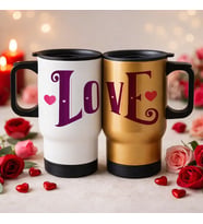 BK Gift Sevgili Çift Tasarımlı 2’li Kulplu Beyaz&Gold Çelik Termos Mug 450 ml -2, Sevgiliye Hediye, Sevgililer Günü Hediyesi