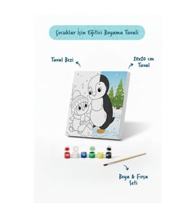 Penguen Temalı Çocuk Boyama Tuvali – Şövalesiz Eğitici Boyama Seti 20x20 cm